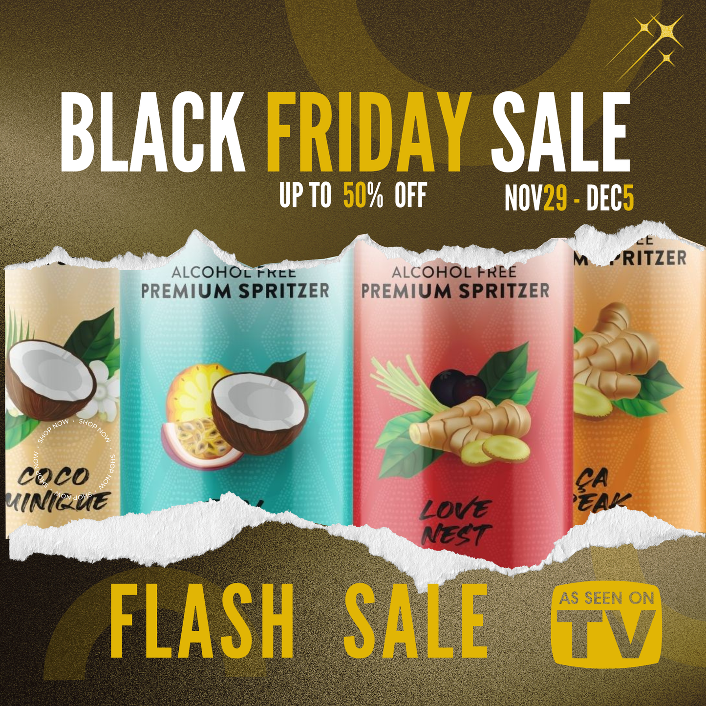 Black Friday sale advertisement with cans of alcohol-free spritzers on a brown background.